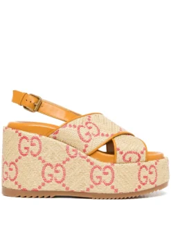 Women Gucci GG Print 105mm Wedge Sandals